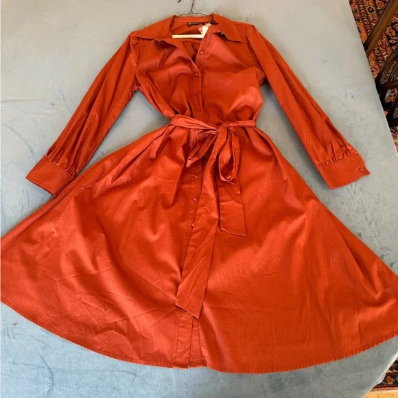 New York & Company Rust Shirt Dress Midi Long Sleeve Collared Belted M - Picture 2 of 9